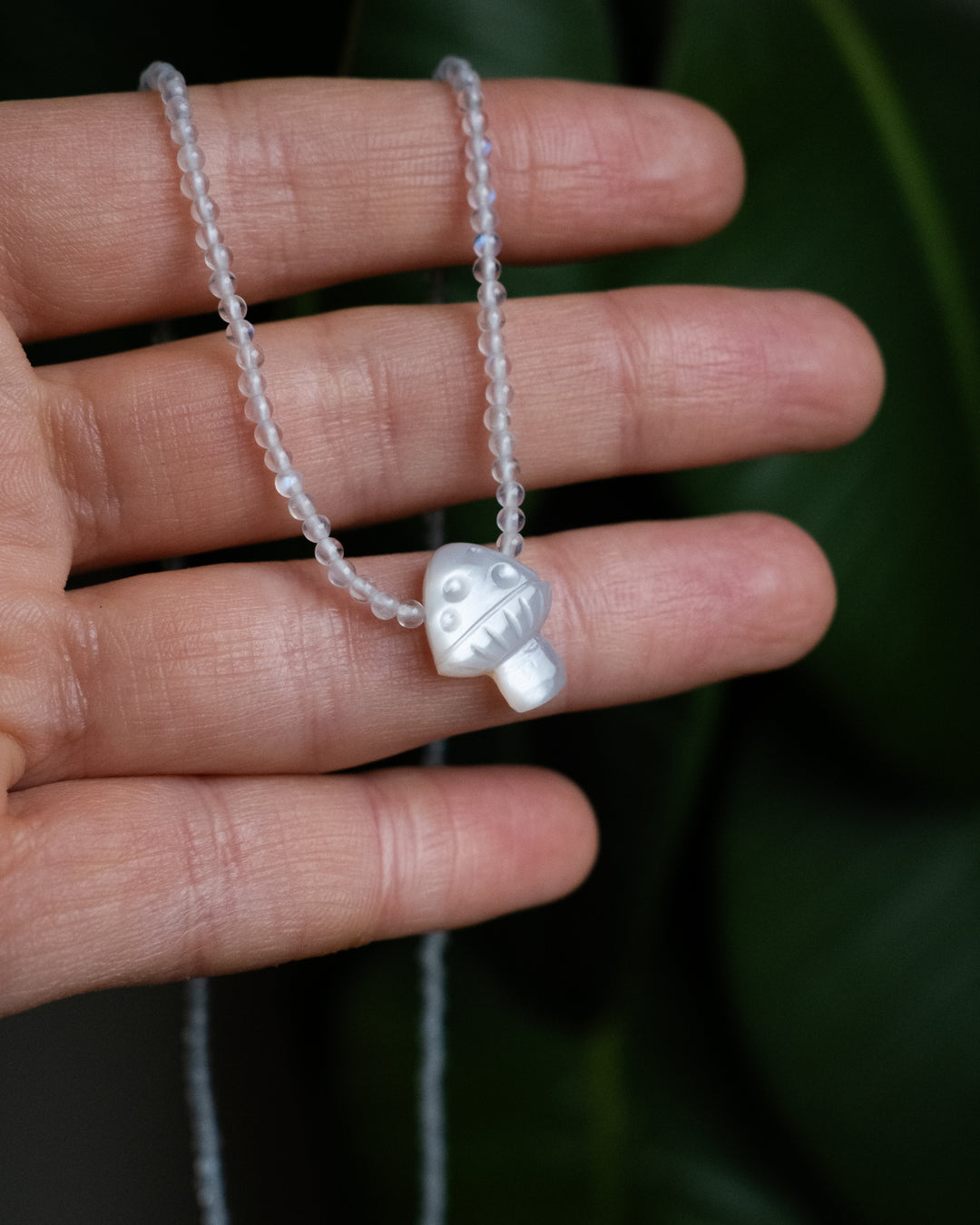 White Moonstone Hand Carved Toadstool Beaded Necklace