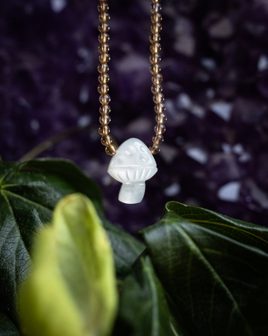 White Moonstone Hand Carved Toadstool Beaded Necklace