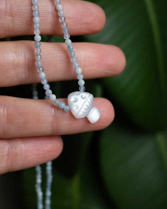 White Moonstone Hand Carved Toadstool Beaded Necklace