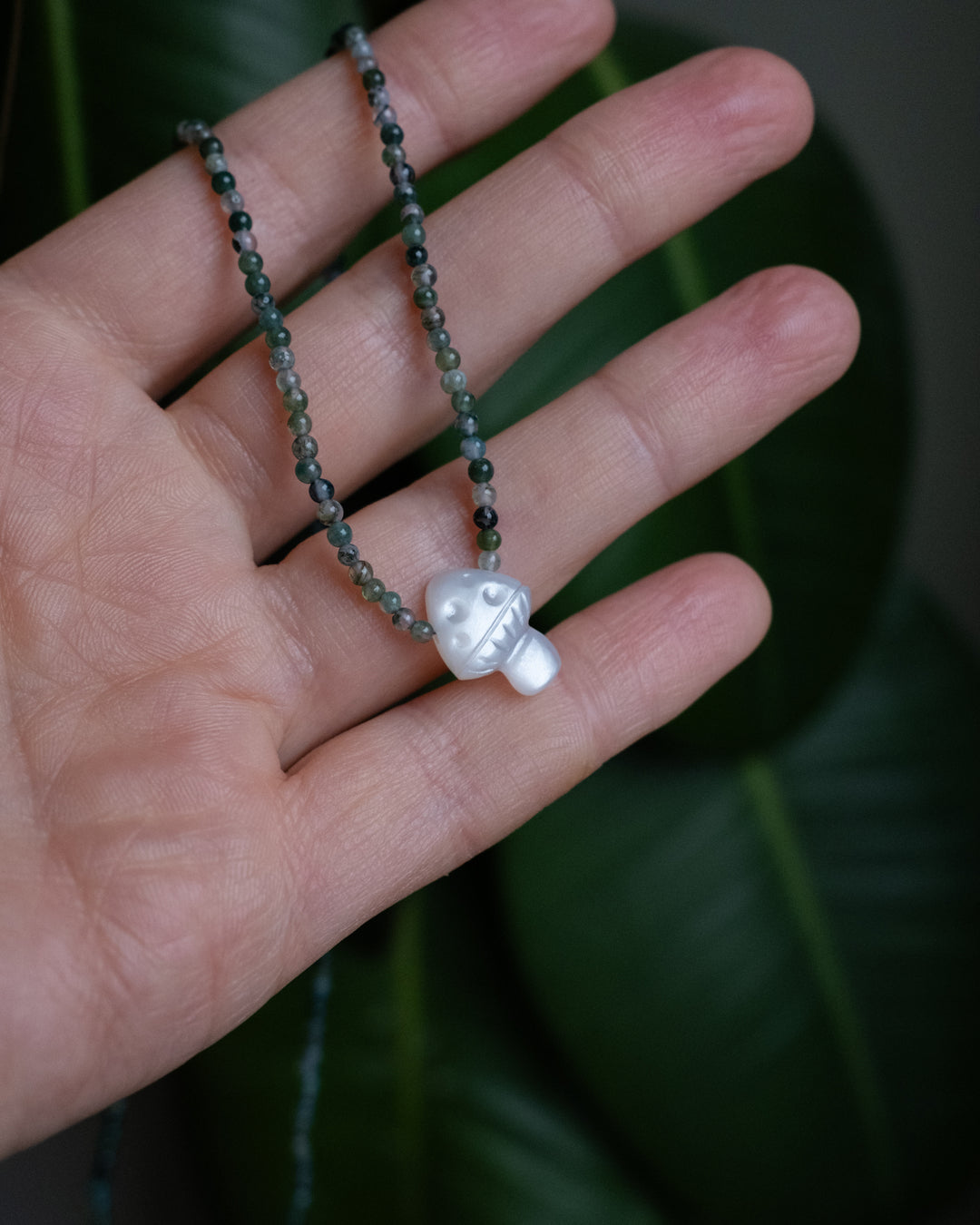 White Moonstone Hand Carved Toadstool Beaded Necklace