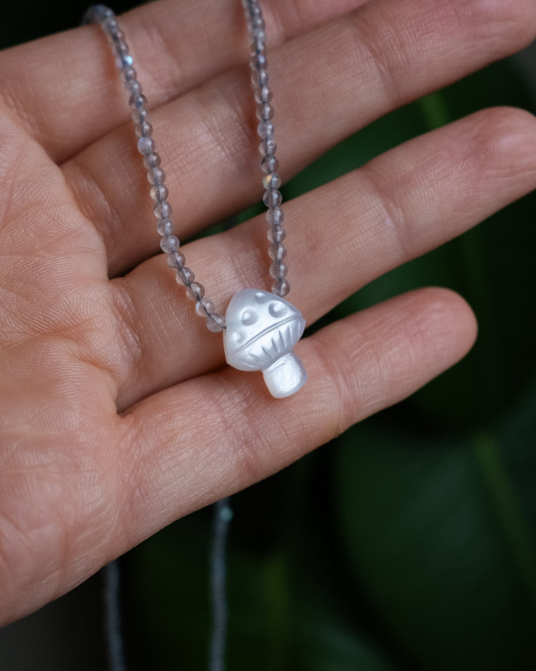 White Moonstone Hand Carved Toadstool Beaded Necklace