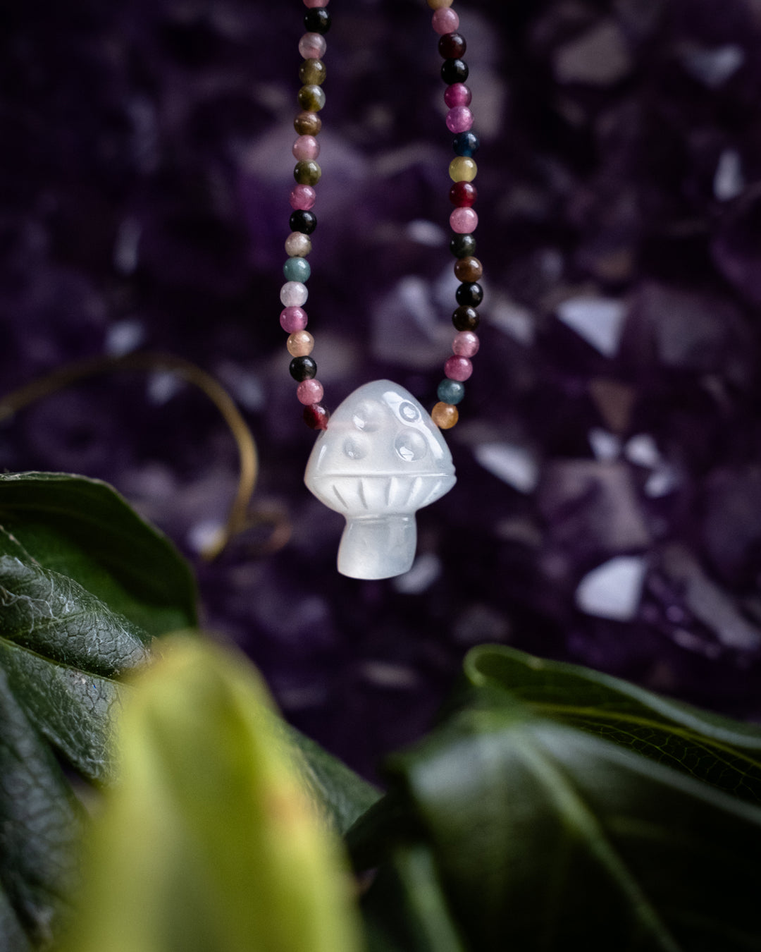 White Moonstone Hand Carved Toadstool Beaded Necklace