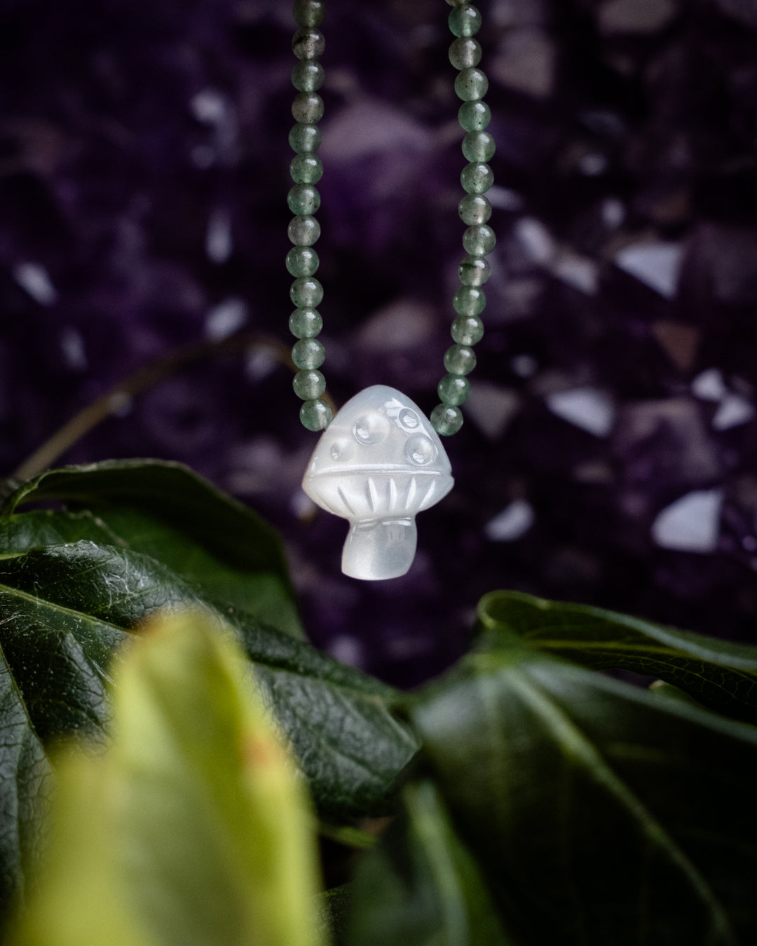 White Moonstone Hand Carved Toadstool Beaded Necklace
