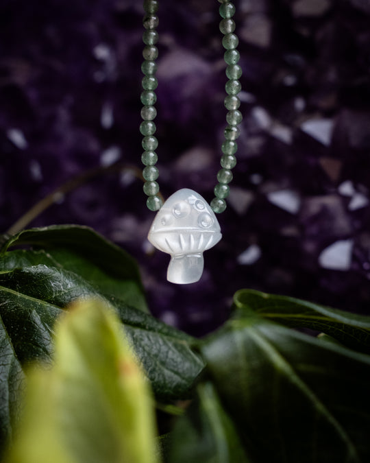 White Moonstone Hand Carved Toadstool Beaded Necklace