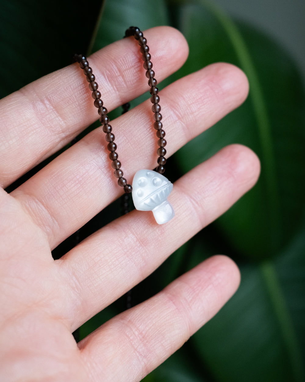 White Moonstone Hand Carved Toadstool Beaded Necklace