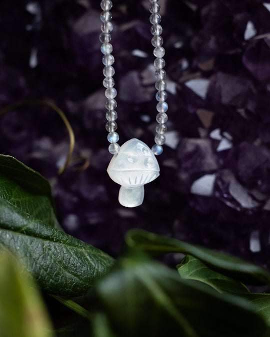White Moonstone Hand Carved Toadstool Beaded Necklace