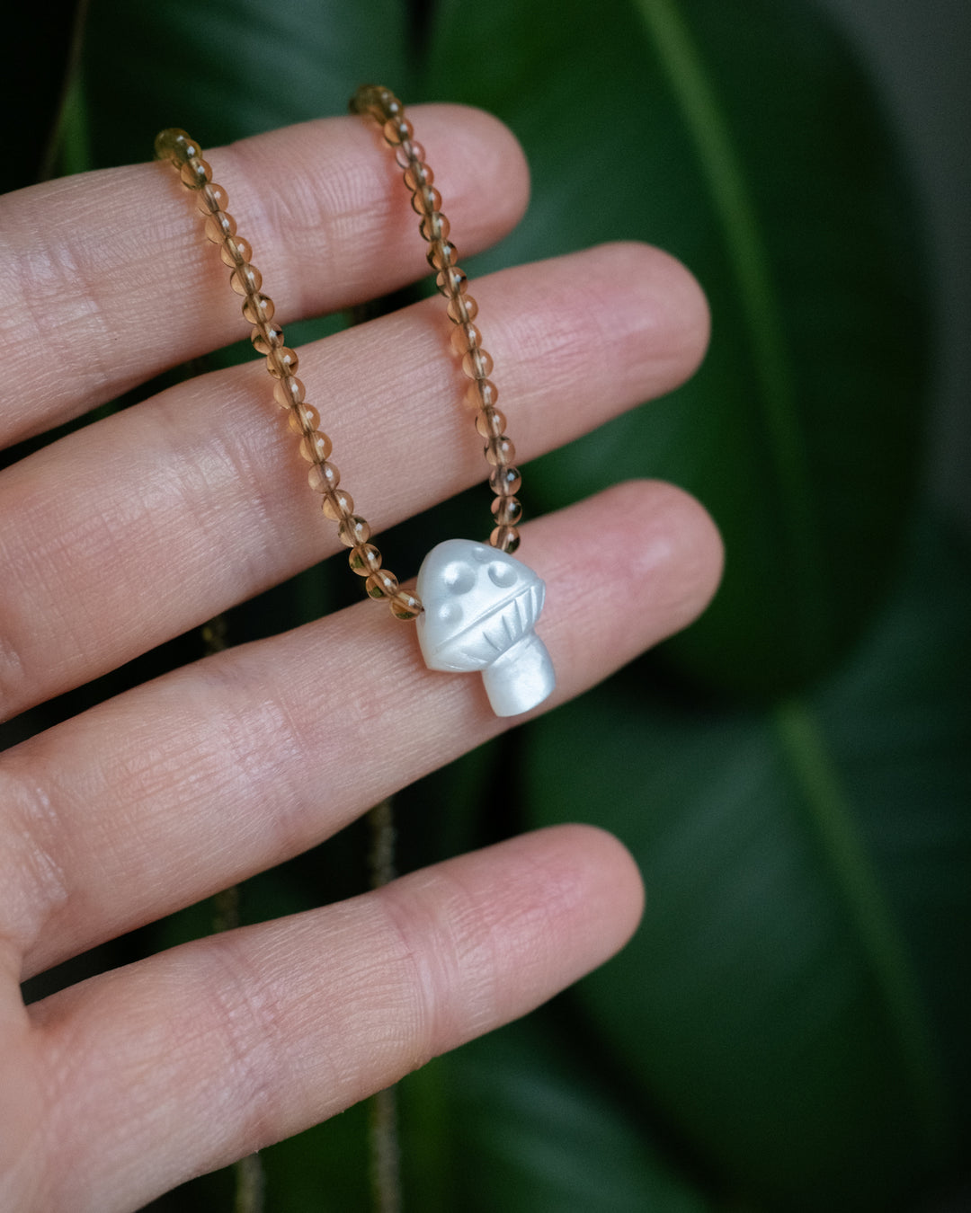 White Moonstone Hand Carved Toadstool Beaded Necklace