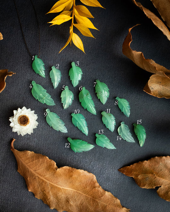 Chrysoprase Hand Carved Vegan Silk Leaf Necklace - The Healing Pear