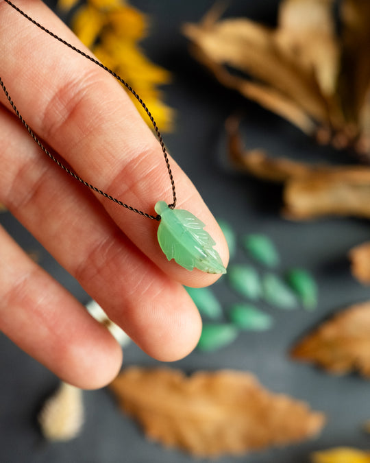 Chrysoprase Hand Carved Vegan Silk Leaf Necklace - The Healing Pear