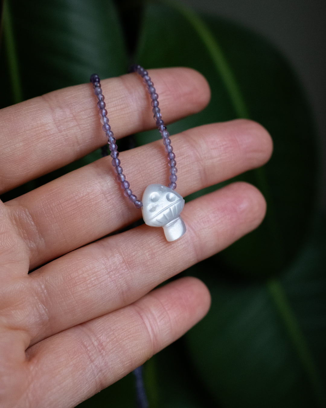 White Moonstone Hand Carved Toadstool Beaded Necklace