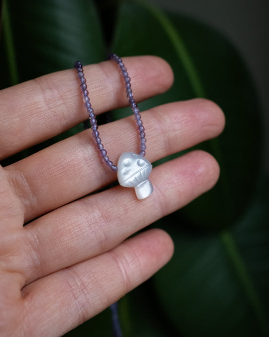 White Moonstone Hand Carved Toadstool Beaded Necklace