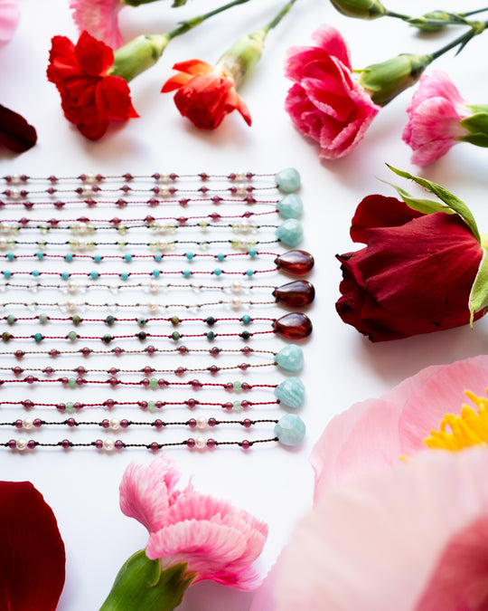 Amazonite / Garnet Gemstone Hand Knotted Beaded Necklace - The Healing Pear