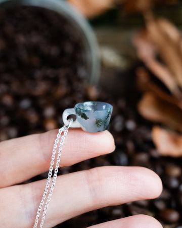 Moss Agate Hand Carved Mug Necklace