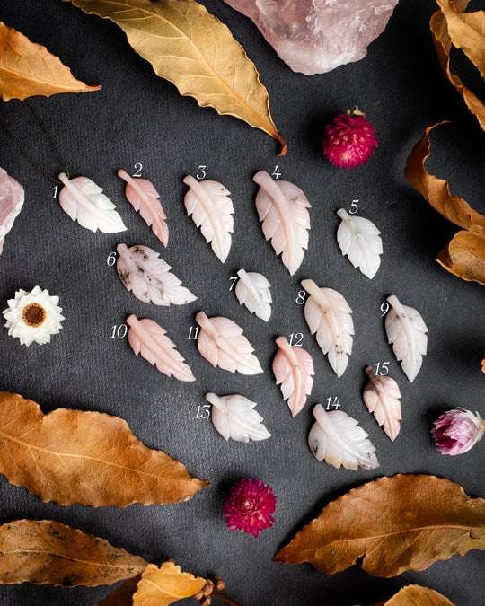 Peruvian Pink Opal Hand Carved Vegan Silk Leaf Necklace - The Healing Pear