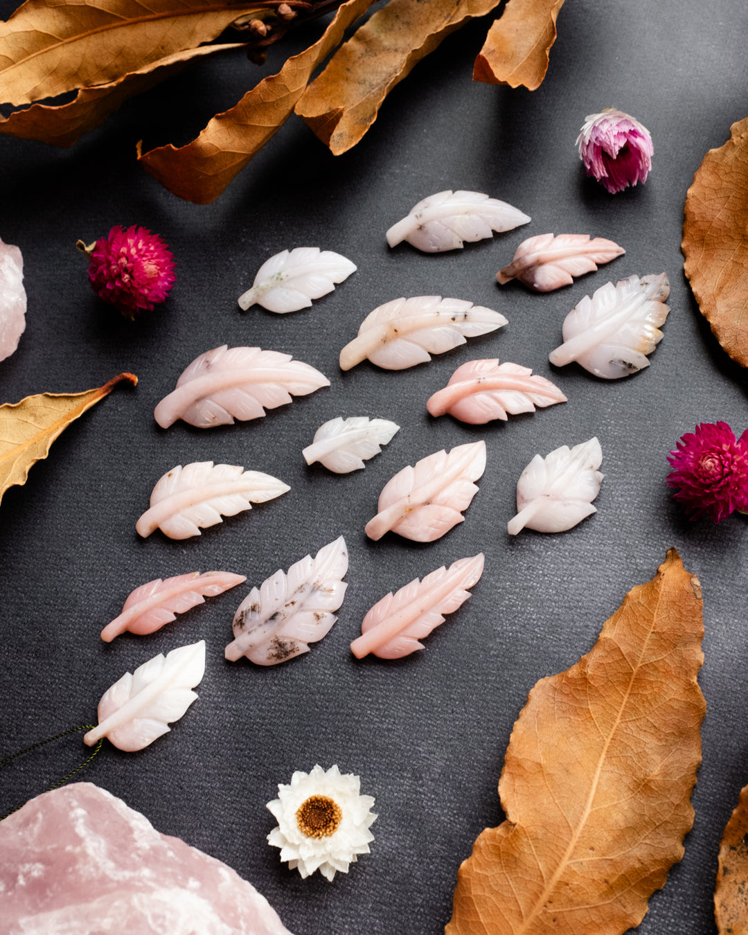 Peruvian Pink Opal Hand Carved Vegan Silk Leaf Necklace - The Healing Pear