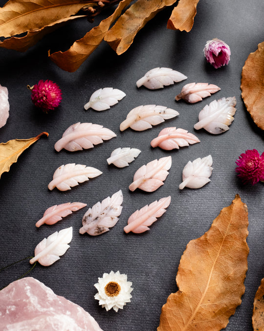 Peruvian Pink Opal Hand Carved Vegan Silk Leaf Necklace - The Healing Pear