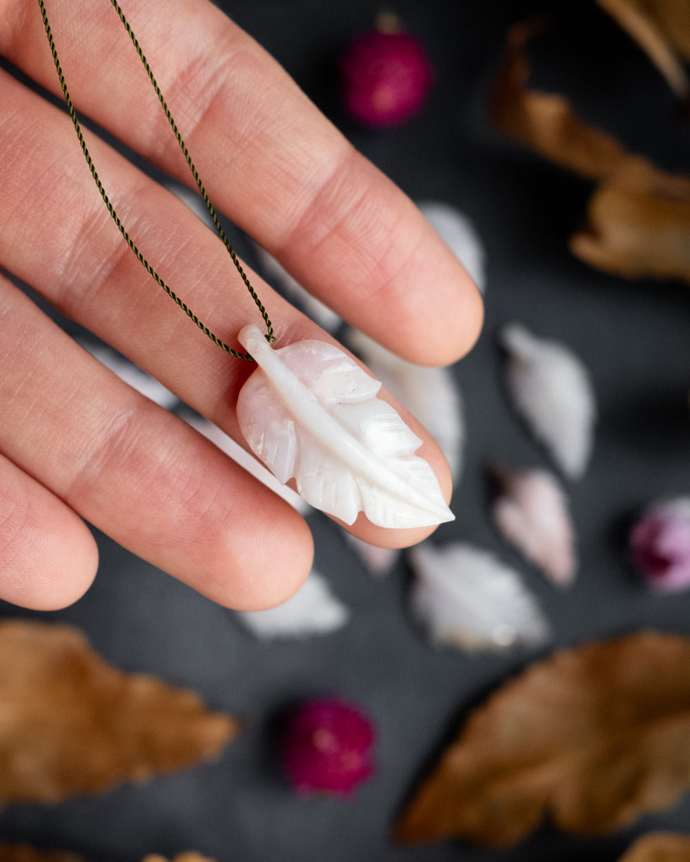 Peruvian Pink Opal Hand Carved Vegan Silk Leaf Necklace - The Healing Pear