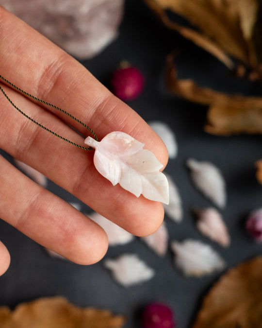 Peruvian Pink Opal Hand Carved Vegan Silk Leaf Necklace - The Healing Pear