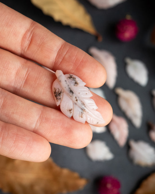 Peruvian Pink Opal Hand Carved Vegan Silk Leaf Necklace - The Healing Pear