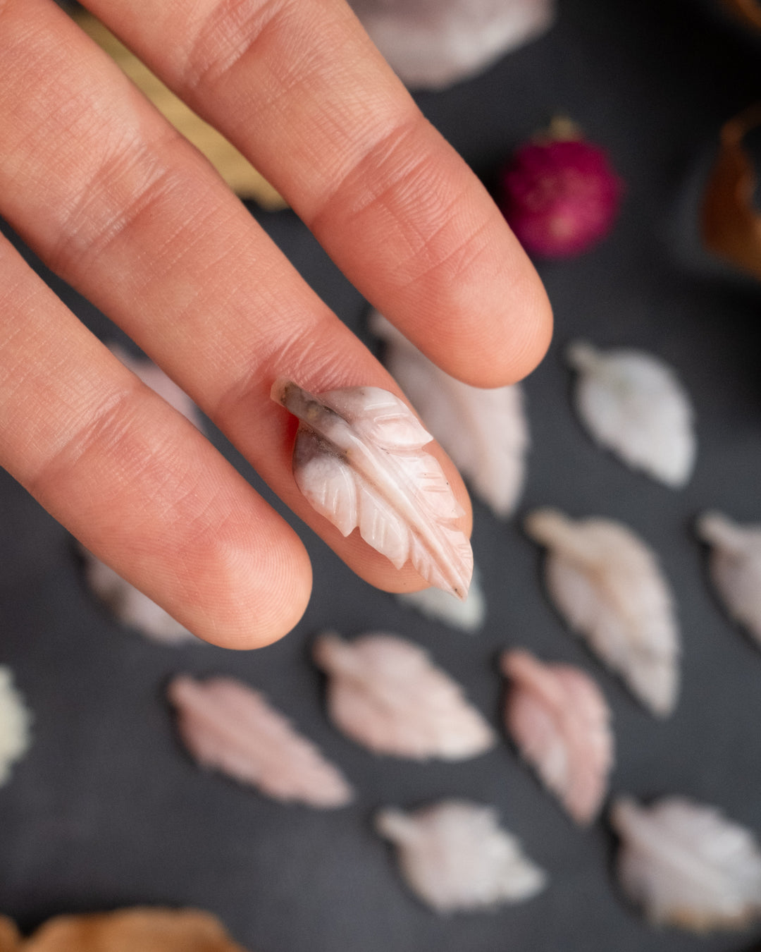 Peruvian Pink Opal Hand Carved Vegan Silk Leaf Necklace - The Healing Pear