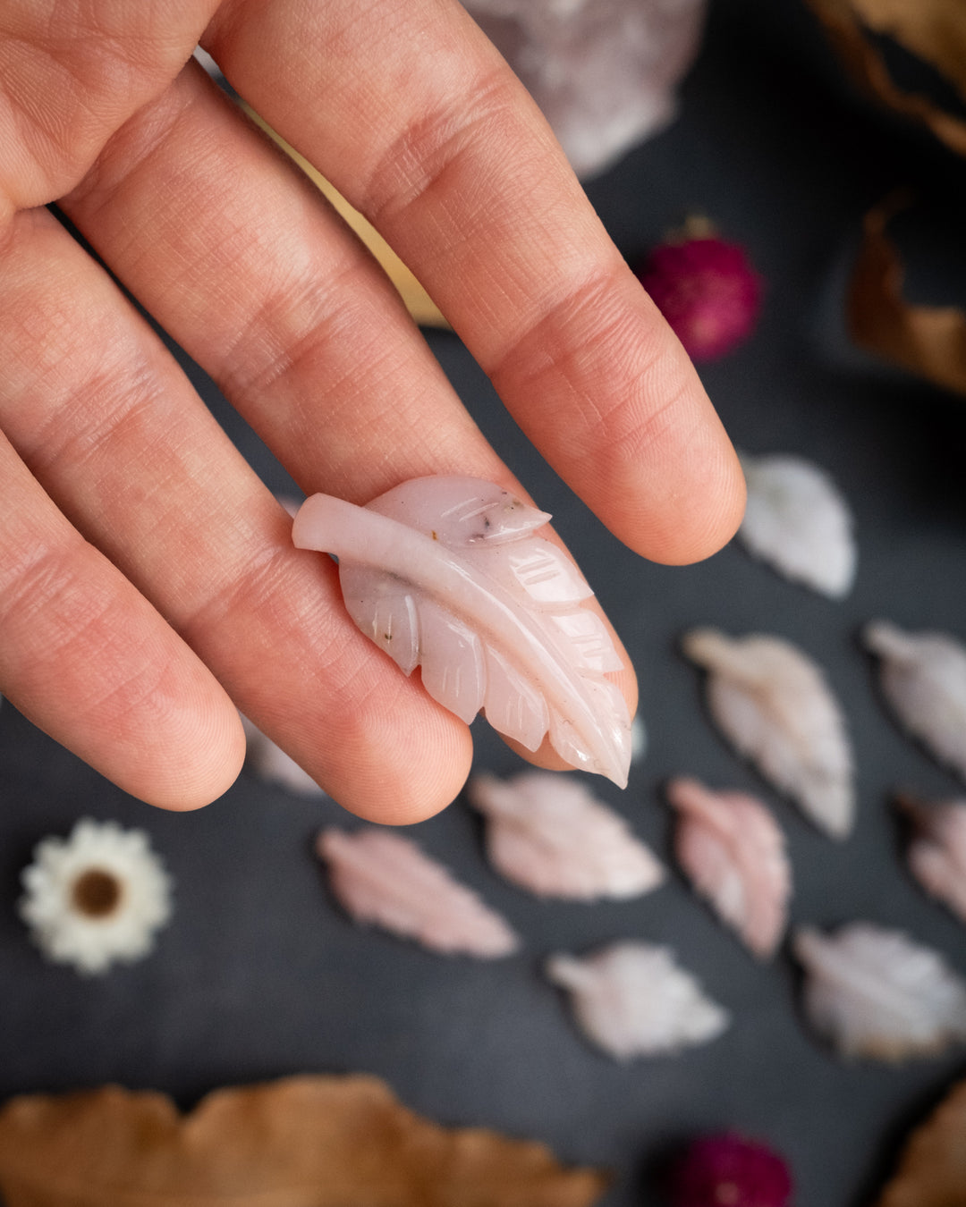 Peruvian Pink Opal Hand Carved Vegan Silk Leaf Necklace - The Healing Pear