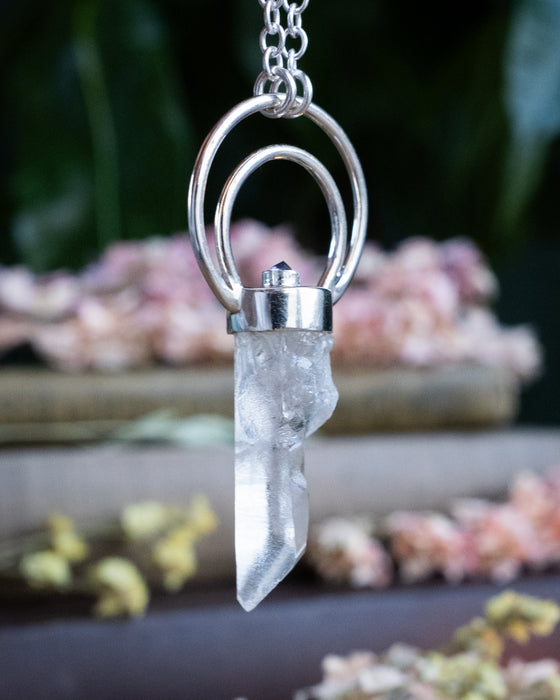 Lemurian Quartz & Iolite Moon Bail Sterling Silver Necklace