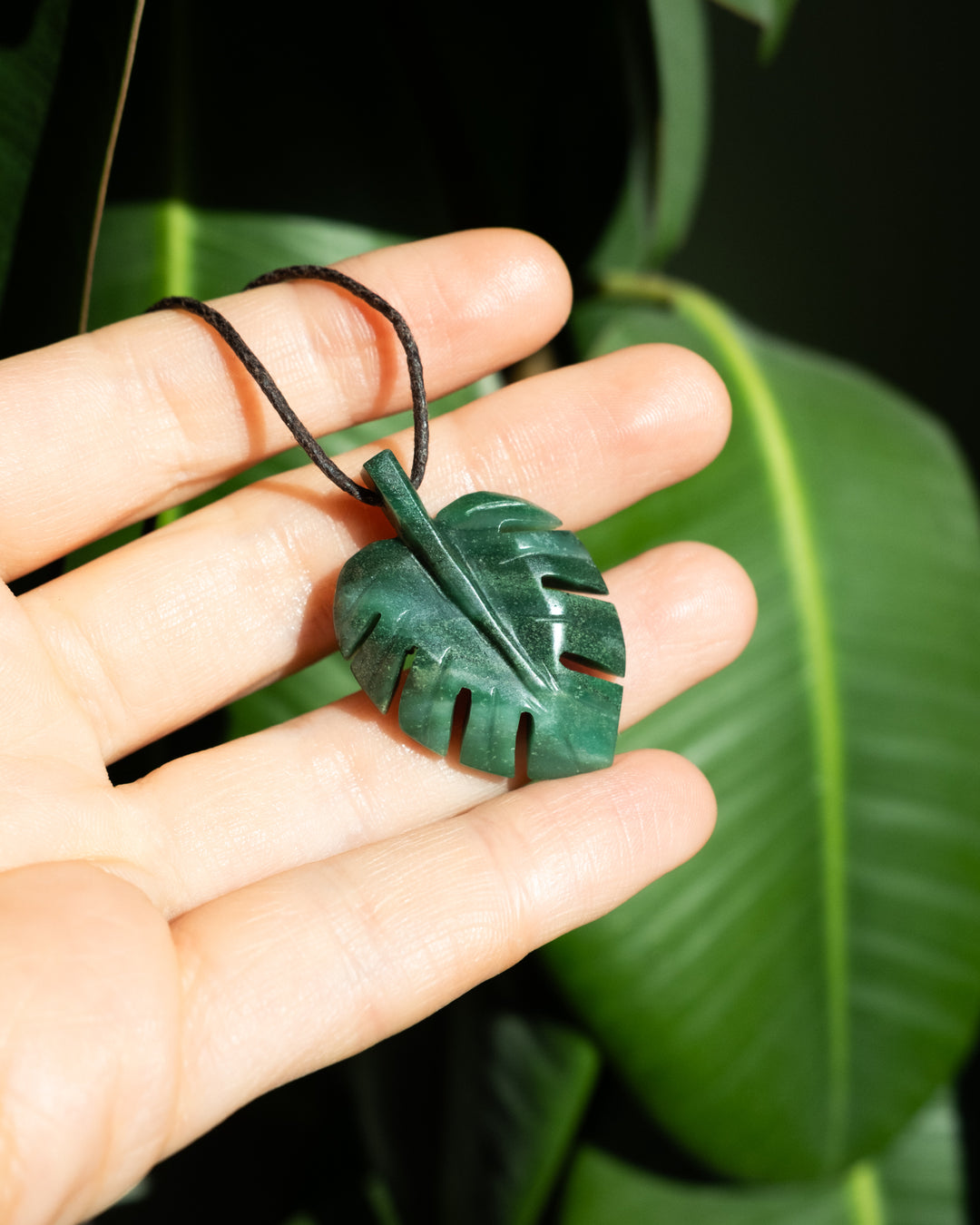 African Jade Hand Carved Monstera Leaf / Cheese Plant Necklace - The Healing Pear