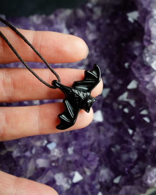 Obsidian Hand Carved Bat Necklace