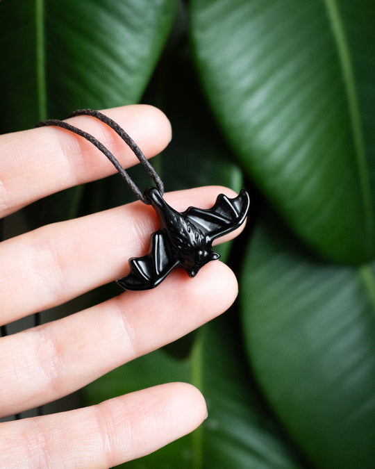 Obsidian Hand Carved Bat Necklace
