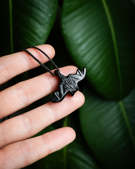 Obsidian Hand Carved Bat Necklace