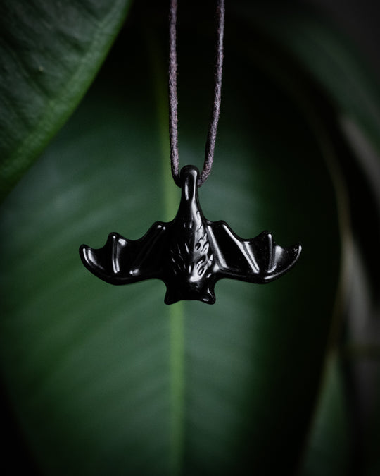 Obsidian Hand Carved Bat Necklace