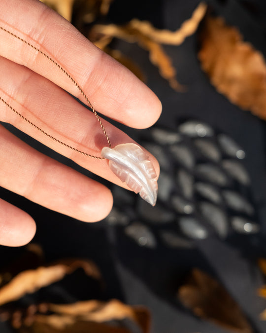 Black Moonstone Hand Carved Vegan Silk Leaf Necklace - The Healing Pear