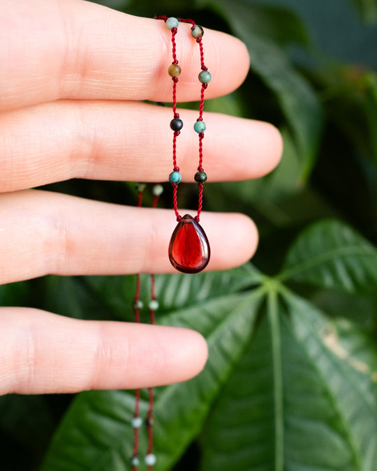Amazonite / Garnet Gemstone Hand Knotted Beaded Necklace - The Healing Pear