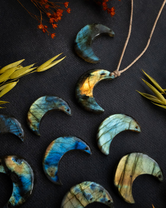 Labradorite Hand Carved Crescent Moon Necklace