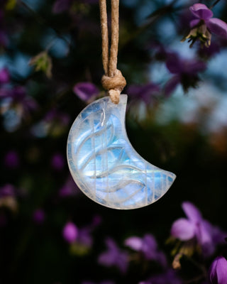 Rainbow Moonstone Hand Carved Lotus Moon Necklace