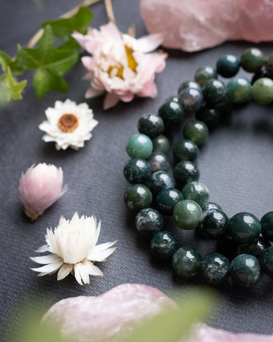 Moss Agate Round Bead Bracelet 8mm - The Healing Pear