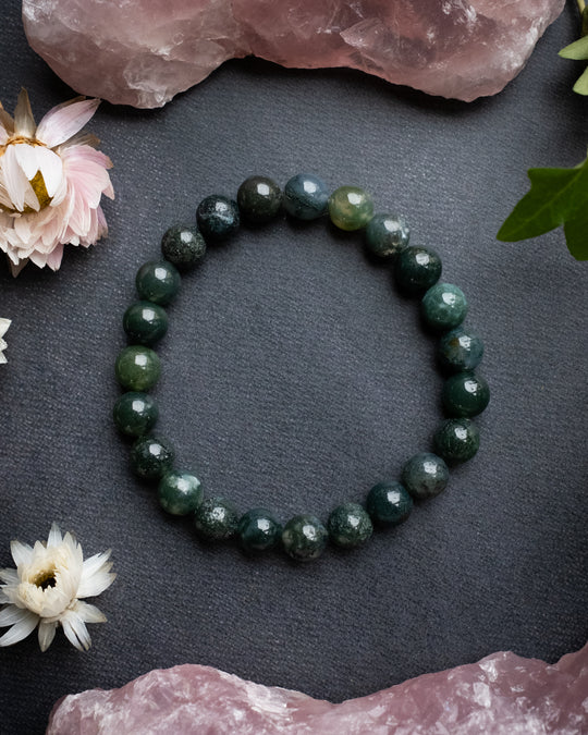 Moss Agate Round Bead Bracelet 8mm - The Healing Pear