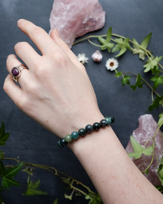 Moss Agate Round Bead Bracelet 8mm - The Healing Pear