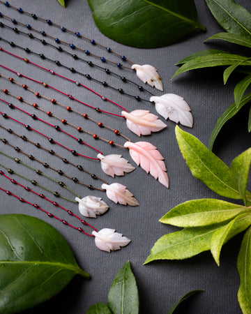 Peruvian Pink Opal Hand Carved Leaf Beaded Necklace