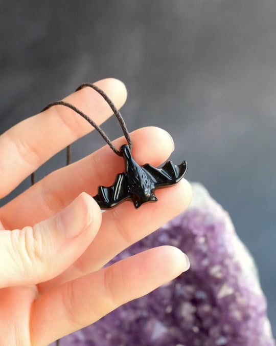 Obsidian Hand Carved Bat Necklace