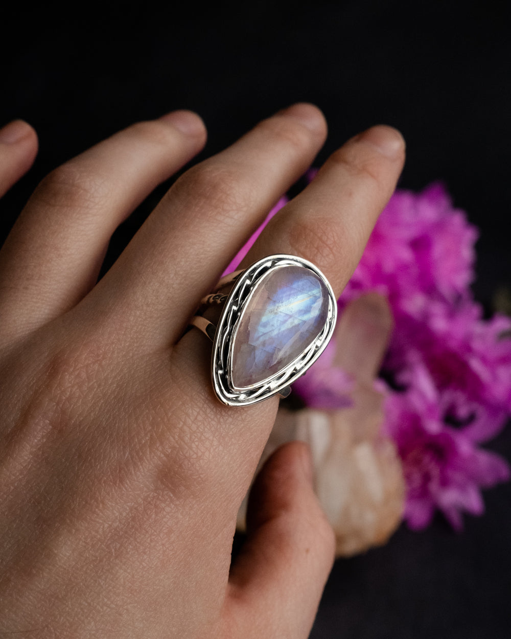 Pink Moonstone Twisted Teardrop Ring in Sterling Silver - Size 8 1/2 US / Q 3/4 UK - The Healing Pear