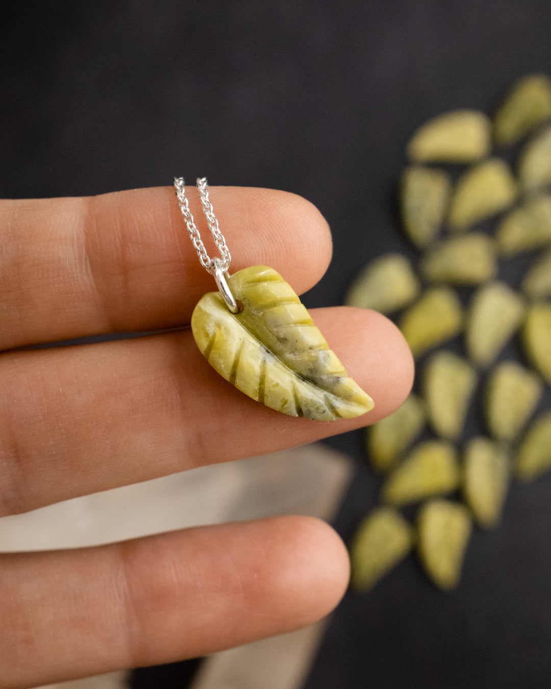 Serpentine Hand Carved Leaf Necklace - The Healing Pear