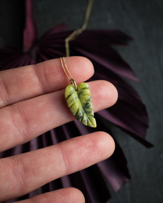 Serpentine Hand Carved Leaf Necklace - The Healing Pear