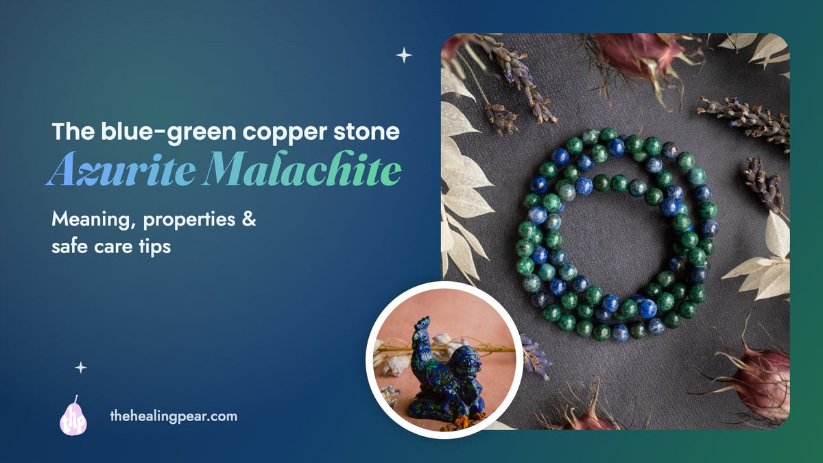 Blue and green azurite malachite with the words Azurite malachite meaning