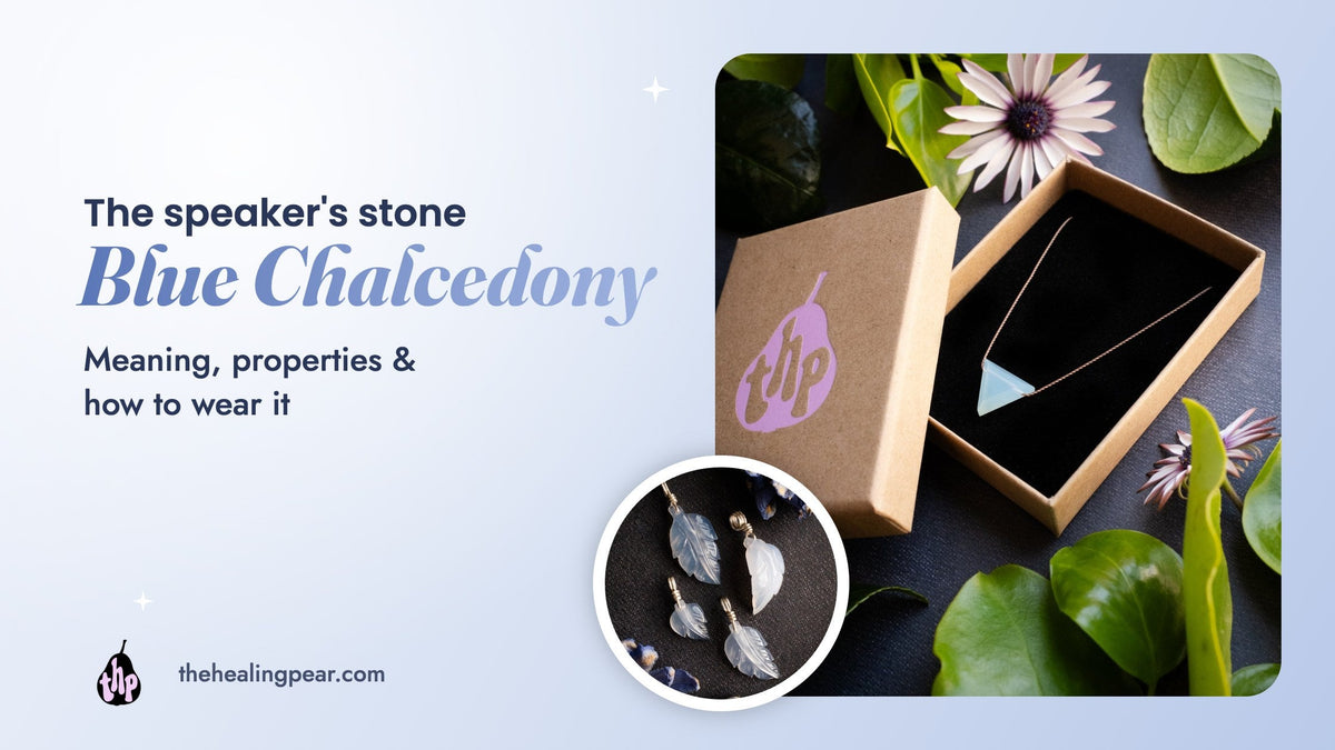 Soft blue chalcedony jewellery with the words Blue chalcedony meaning