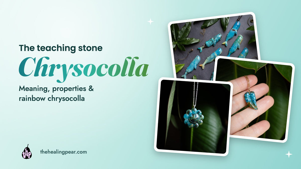 Rainbow chrysocolla carvings with the words Chrysocolla meaning