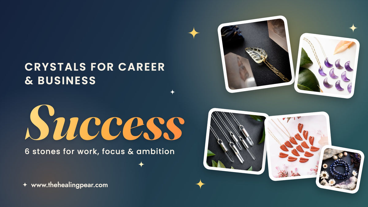 Crystals for career and business success: citrine, amethyst, clear quartz, red jasper and sodalite jewellery