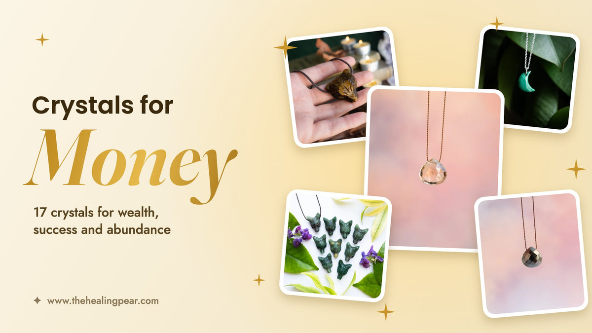 Crystals for money: citrine, pyrite, tiger's eye, African jade and malachite necklaces