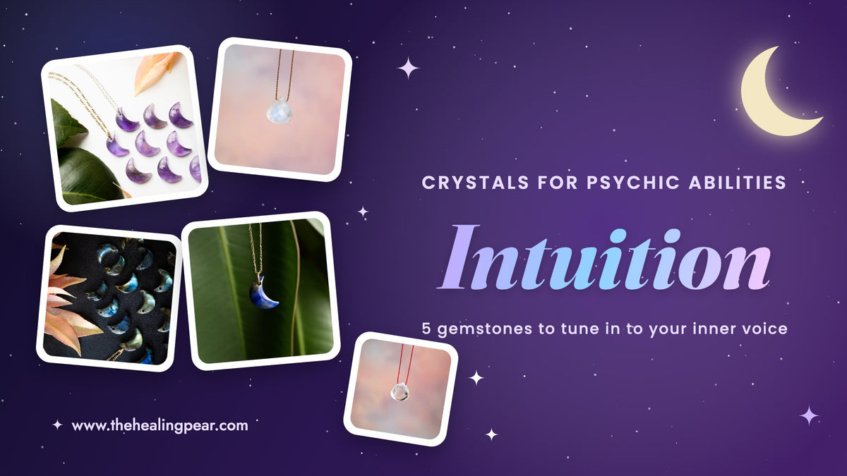 Crystals for psychic abilities and intuition: amethyst, moonstone, labradorite, lapis lazuli and clear quartz necklaces