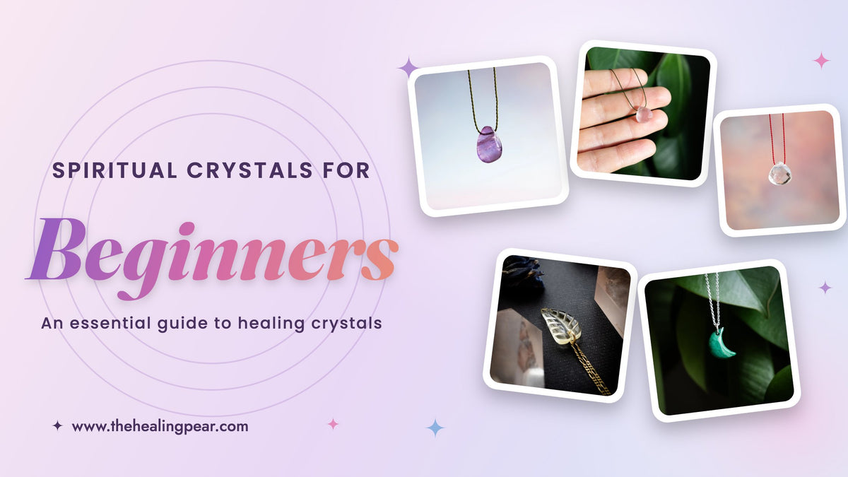 Spiritual crystals for beginners: amethyst, rose quartz, clear quartz, citrine and malachite jewellery